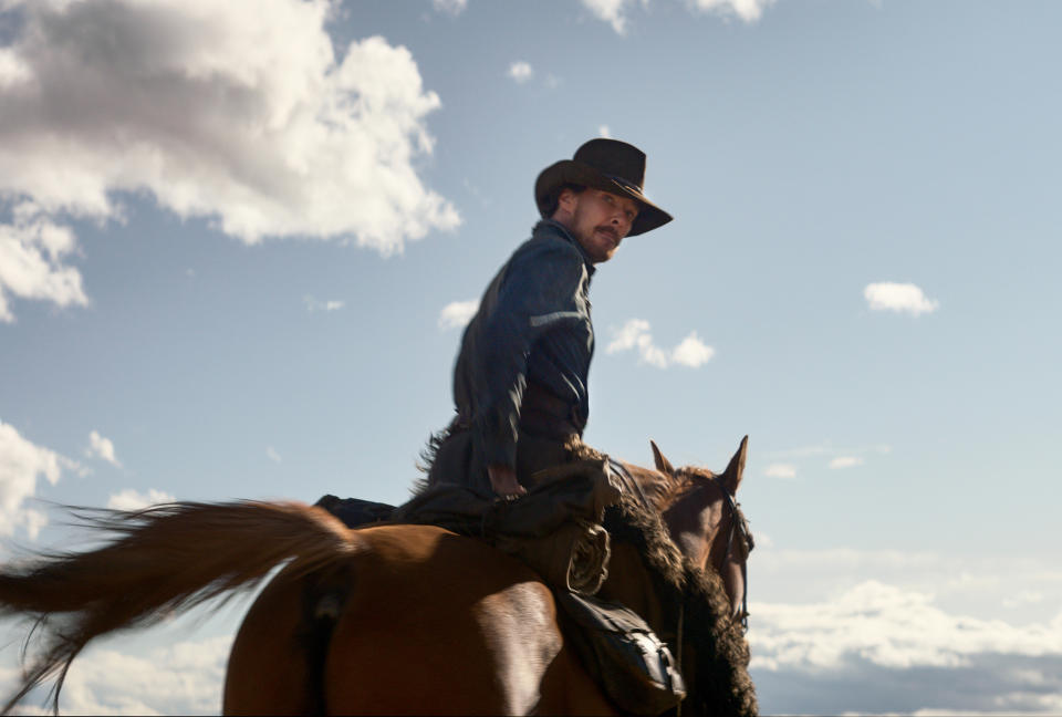 This image released by Netflix shows Benedict Cumberbatch in a scene from "The Power of the Dog." (Kirsty Griffin/Netflix via AP)