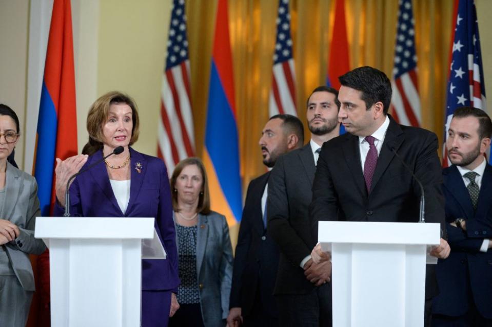 Armenia's Head of the Parliament Alen Simonyan (R) and U.S. House Speaker Nancy Pelosi (L) attend a joint press conference in the Parliament in Yerevan, Armenia, on Sept. 18, 2022.<span class="copyright">Karen Minasyan—AFP via Getty Images</span>