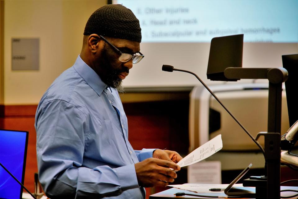 Quincy Anderson, 50, of Columbus' Near East Side, is seen representing himself on Wednesday, Jan. 10, 2024 during his murder trial in Franklin County Common Pleas Court. A jury spent about 35 minutes deliberating before convicting him of murder and aggravated robbery charges in the January 2021 beating that led to the death of 56-year-old Roland Johnson Jr., of North Linden.