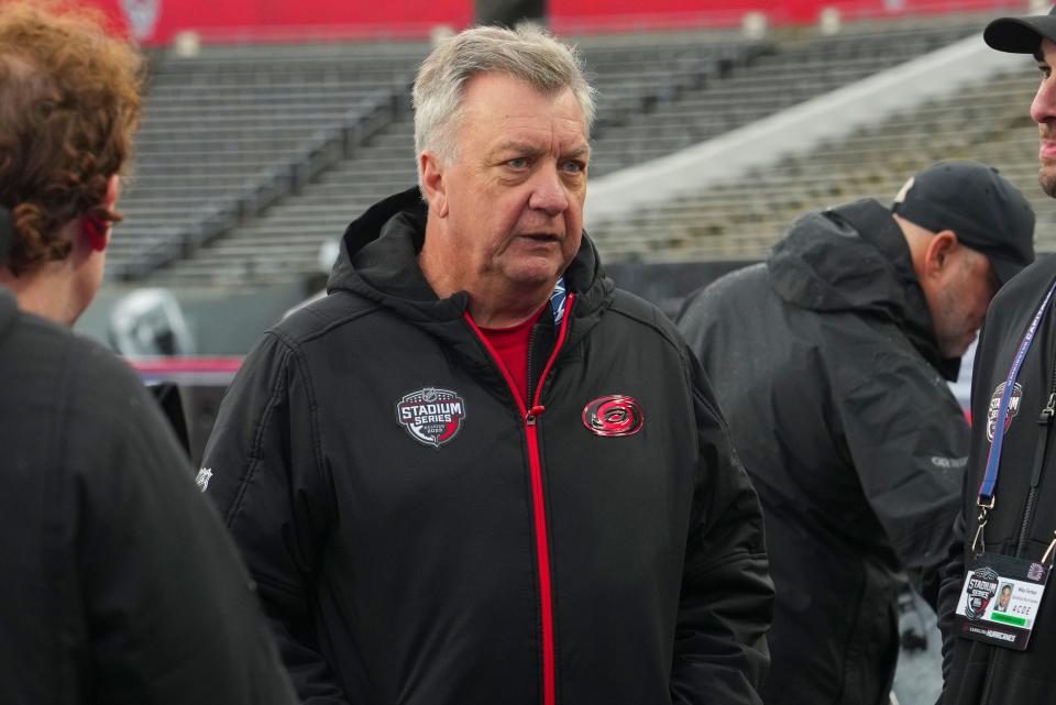 Feb 17, 2023; Raleigh, North Carolina, USA; Carolina Hurricanes GM Don Waddell looks on before the practice at Carter-Finley Stadium. Mandatory Credit: James Guillory-USA TODAY Sports