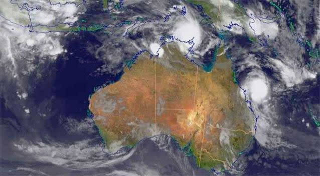 A satellite image of Cyclone Marcia off Queensland's coast posted on the BOM website at 8.30am on Thursday. Photo: BOM