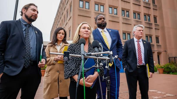 PHOTO: Rep. Marjorie Taylor Greene talks to the media along with Rep. Anna Paulina Luna, Rep. Byron Donalds, and Rep. Mike Collins at the DC Department of Corrections on March 24, 2023, in Washington, D.C. (Tasos Katopodis/Getty Images for Congressional Integrity Project)