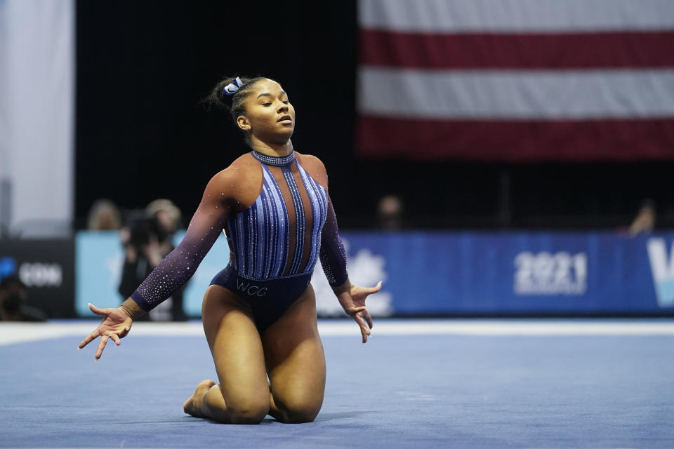 Jordan Chiles performs in the floor exercise during the Winter Cup gymnastics competition, Saturday, Feb. 27, 2021, in Indianapolis. (AP Photo/Darron Cummings)