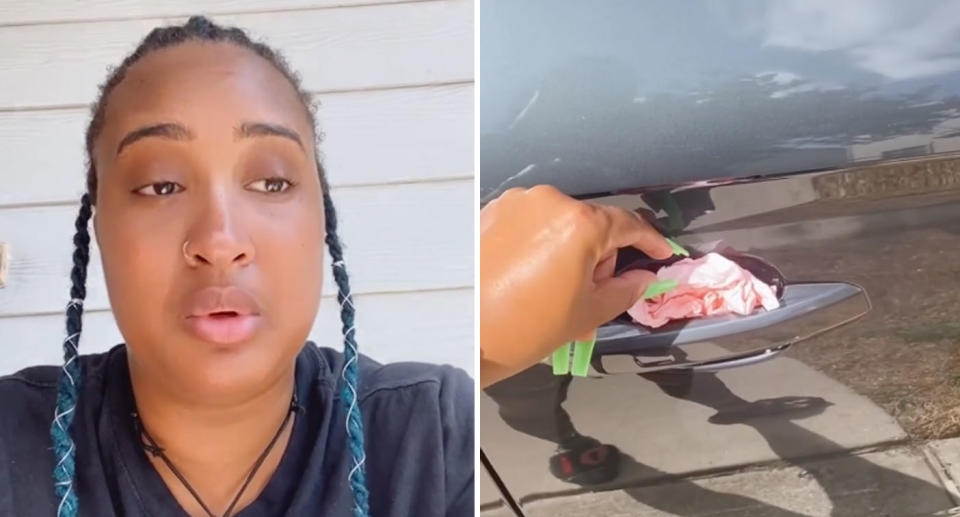 A woman from Houston, USA, has claimed in a viral Facebook video that she was poisoned by touching a napkin wedged in her car door handle. Source: Facebook/ Erin Mims