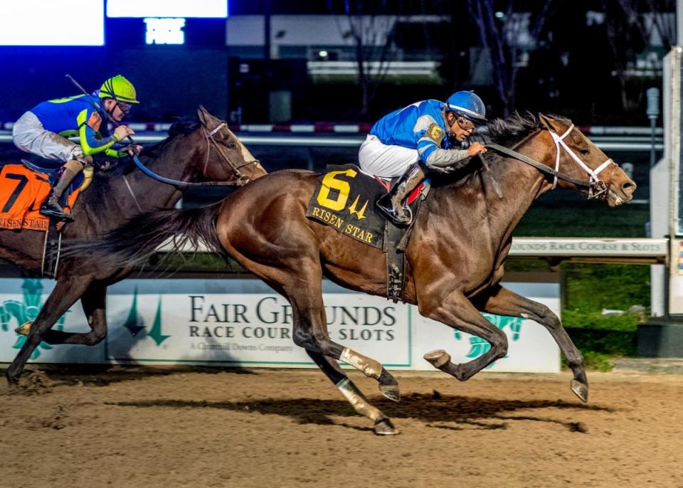 Angel of Empire and jockey Luis Saez win the Risen Star on Feb. 18 at Fair Grounds in New Orleans.