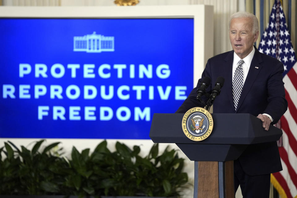 FILE - President Joe Biden speaks during a meeting in the White House, Jan. 22, 2024, in Washington. Former President Donald Trump still says he's proud that the Supreme Court justices he nominated overturned Roe v. Wade. Yet he spent much of the last year avoiding questions about supporting a national abortion ban should he return to the White House. In a video statement Monday, April 8, 2024. Trump did not call for a ban, disappointing religious conservatives. Within hours, the Biden campaign announced plans to release a new advertisement seizing on Trump's position. (AP Photo/Evan Vucci, File)