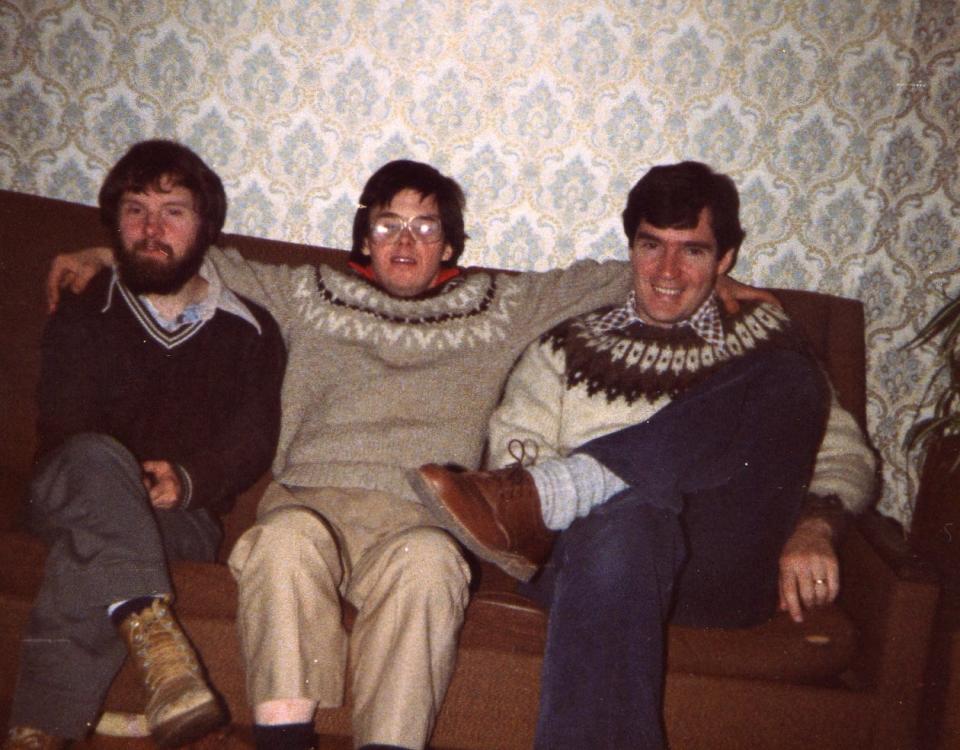 A bearded John MacNeil sits with Keith Strong (center) and Jeff Moore in the early 1980s. 