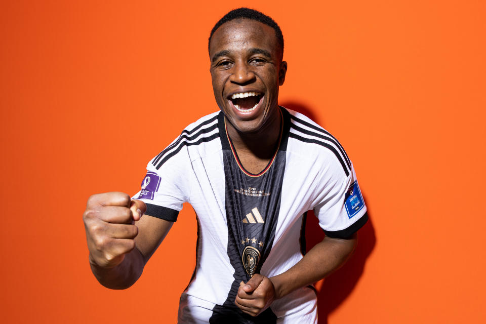 DOHA, QATAR - NOVEMBER 17: Youssoufa Moukoko of Germany poses during the official FIFA World Cup Qatar 2022 portrait session on November 17, 2022 in Doha, Qatar. (Photo by Buda Mendes - FIFA/FIFA via Getty Images)