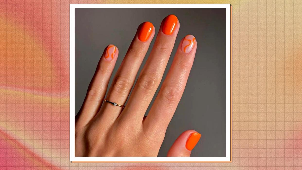  A hand with orange nail polish and a gold ring on one finger - courtesy @matejanova/ in an orange, pink and red gradient template. 