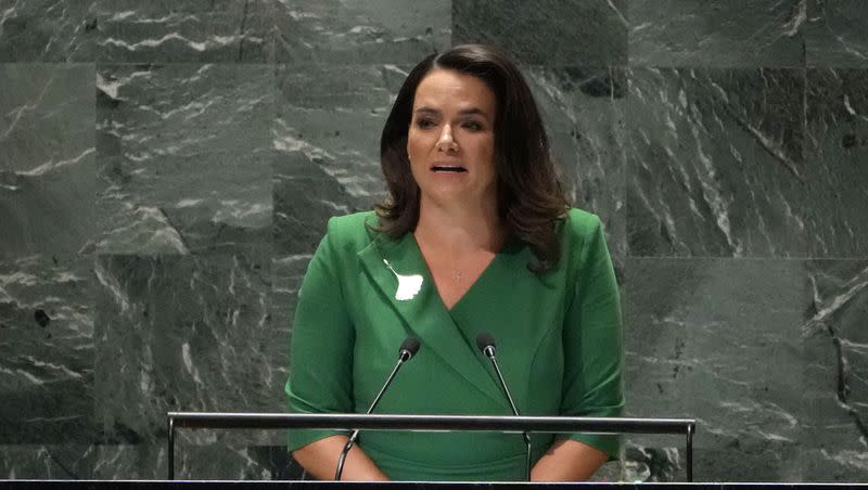 Hungary’s President Katalin Novak addresses the 78th session of the United Nations General Assembly, on Sept. 19, 2023. Novak will be in Utah on Tuesday to meet with Gov. Spencer Cox and speak at Brigham Young University.
