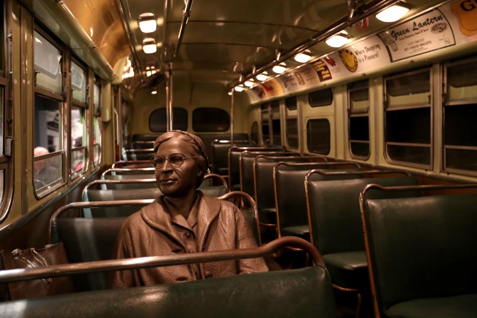 A view of the Rosa Parks statue at the National Civil Rights Museum in Memphis. Individuals are increasingly asking, “What history deserves the prominence of this public space?”