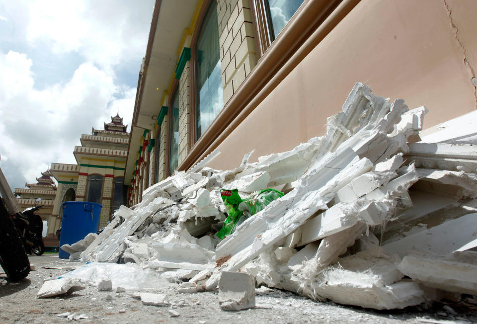 <p>Debris from the ceiling of the parliamentary building lie in Naypyitaw, Myanmar, Thursday, Aug. 25, 2016 after a strong earthquake. (AP Photo/Aung Shine Oo) </p>