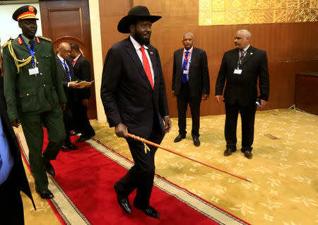 South Sudan's President Salva Kiir arrives for the signing of a cease fire and power sharing agreement with South Sudan's rebel leader Riek Machar in Khartoum, Sudan August 5, 2018. REUTERS/Mohamed Nureldin Abdallah