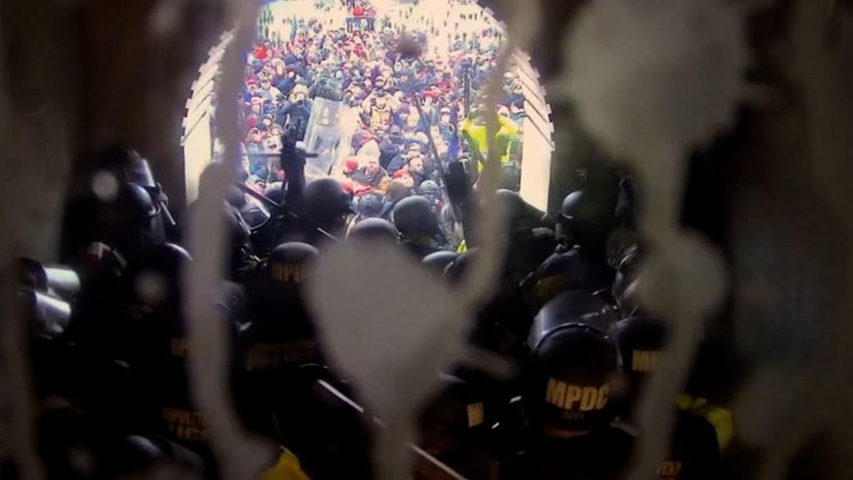 Democrats presented previously unseen surveillance video captured inside the U.S. Capitol during the Jan. 6 siege by Trump supporters. The video also included body camera footage from one of the Capitol police officers.