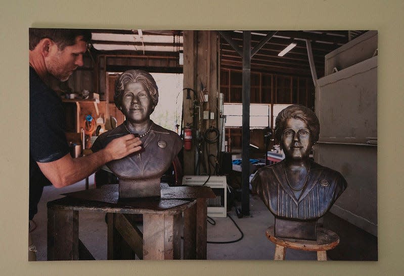 Statues of Amelia Boynton Robinson and Pattie Ruffner Jacobs are shown in the process of being created.