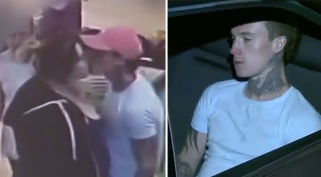 (Left) the pair seen kissing at a bowling alley before (right) police allege Spencer breached an AVO. Source: 7 News