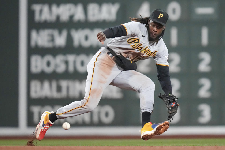 Pittsburgh Pirates shortstop Oneil Cruz chases down a ground out by Boston Red Sox's Justin Turner during the fourth inning of a baseball game at Fenway Park, Tuesday, April 4, 2023, in Boston. (AP Photo/Charles Krupa)