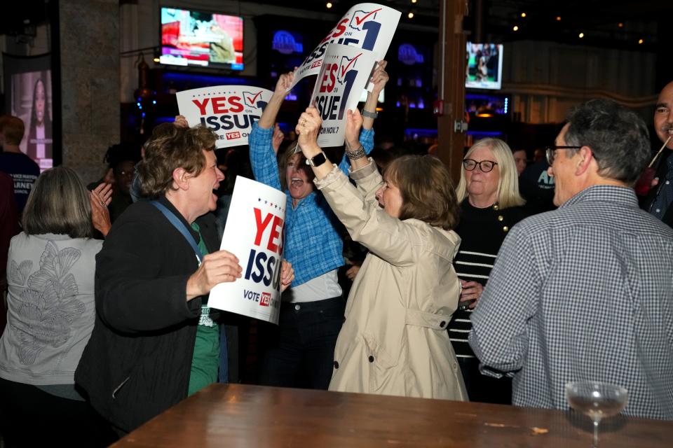 Voters reacts to the passage of Ohio Issue 1, a ballot measure to amend the state constitution and establish a right to abortion at an election night party hosted by the Hamilton County Democratic Party, Tuesday, Nov. 7, 2023, at Knox Joseph Distillery in the Over-the-Rhine neighborhood of Cincinnati.