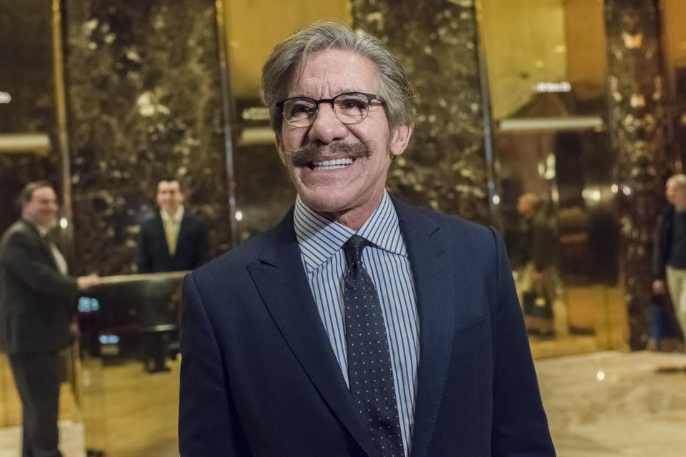 Political commentator Geraldo Rivera speaks to members of the media in the lobby of Trump Tower in New York, on Jan. 13, 2017.