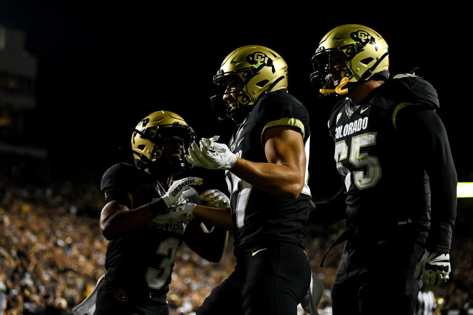 BOULDER, CO - SEPTEMBER 17:  Tight end Michael Harrison #87 of the Colorado Buffaloes celebrates after a catch for a touchdown in the second overtime period against the Colorado State Rams at Folsom Field on September 17, 2023 in Boulder, Colorado. (Photo by Dustin Bradford/Getty Images)