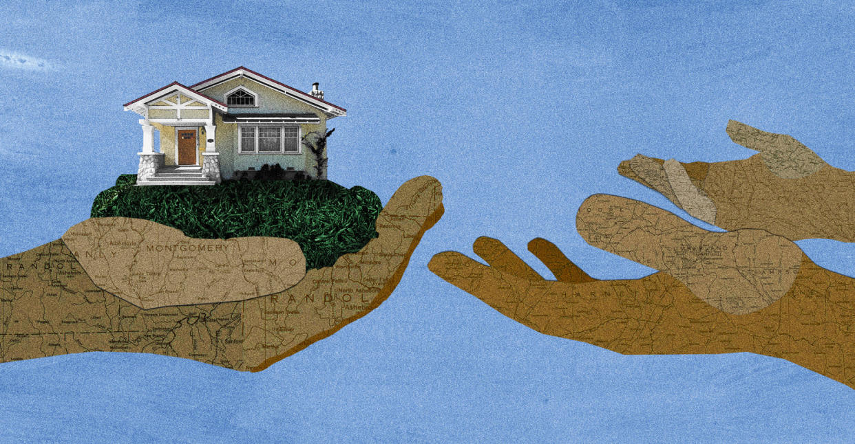 Paper collage illustration of Black hands passing a suburban home on grass to another pair of Black hands; the hands have maps of places like Montgomery, Ala. (Trevor Davis for NBC News)