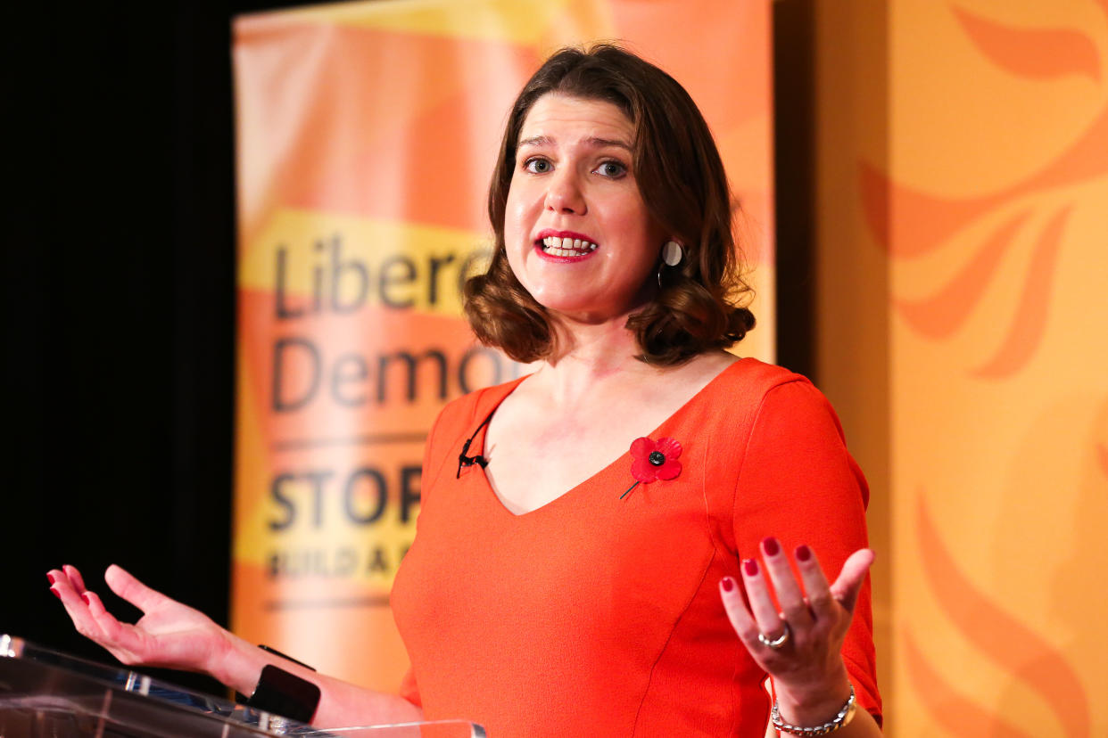 Leader of Liberal Democrat, Jo Swinson speaking to the party members and supporters during the launch of the 2019 general election campaign. The voters will go to the polls on 12 December 2019 and the new UK government will attempt to pass the Brexit agreement through Parliament before the next deadline of 31 January 2020. (Photo by Steve Taylor / SOPA Images/Sipa USA)