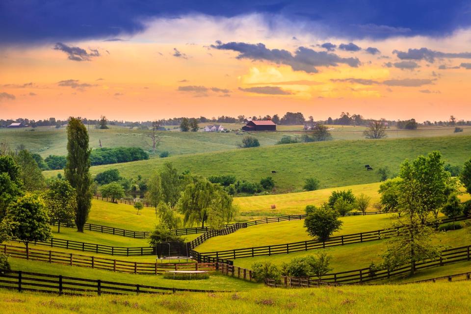 Rolling countryside hills at sunset.