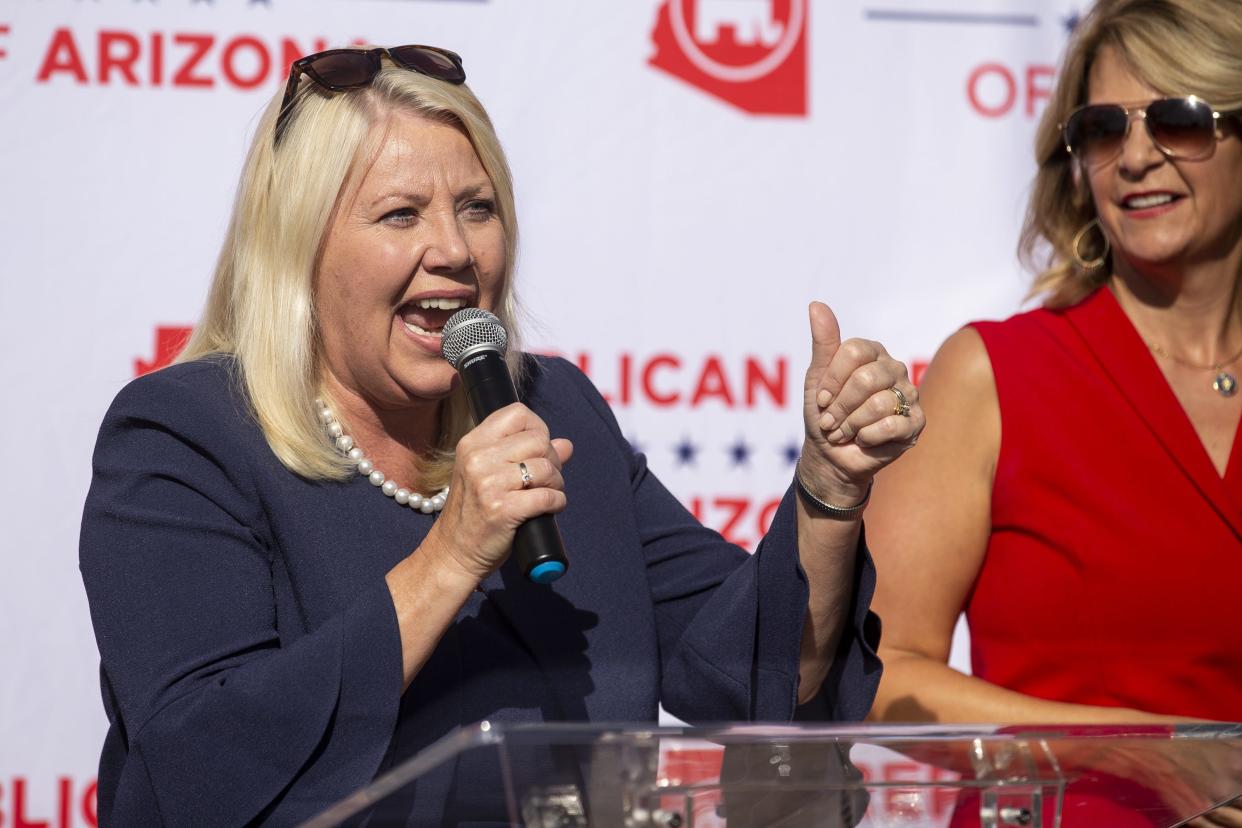 Representative Debbie Lesko speaks during a press conference on Nov. 5, 2020, at Arizona Republican Party headquarters in Phoenix.