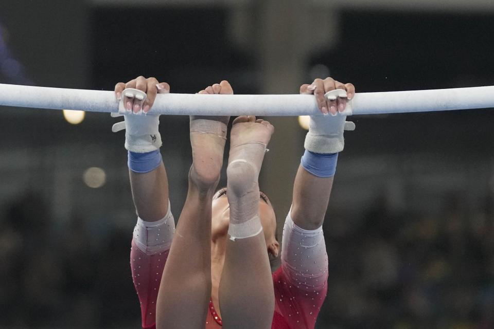 Mexico's Ahtziri Sandoval competes on the uneven bars during the women's team artistic gymnastics final round at the Pan American Games in Santiago, Chile, Sunday, Oct. 22, 2023. (AP Photo/Martin Mejia)