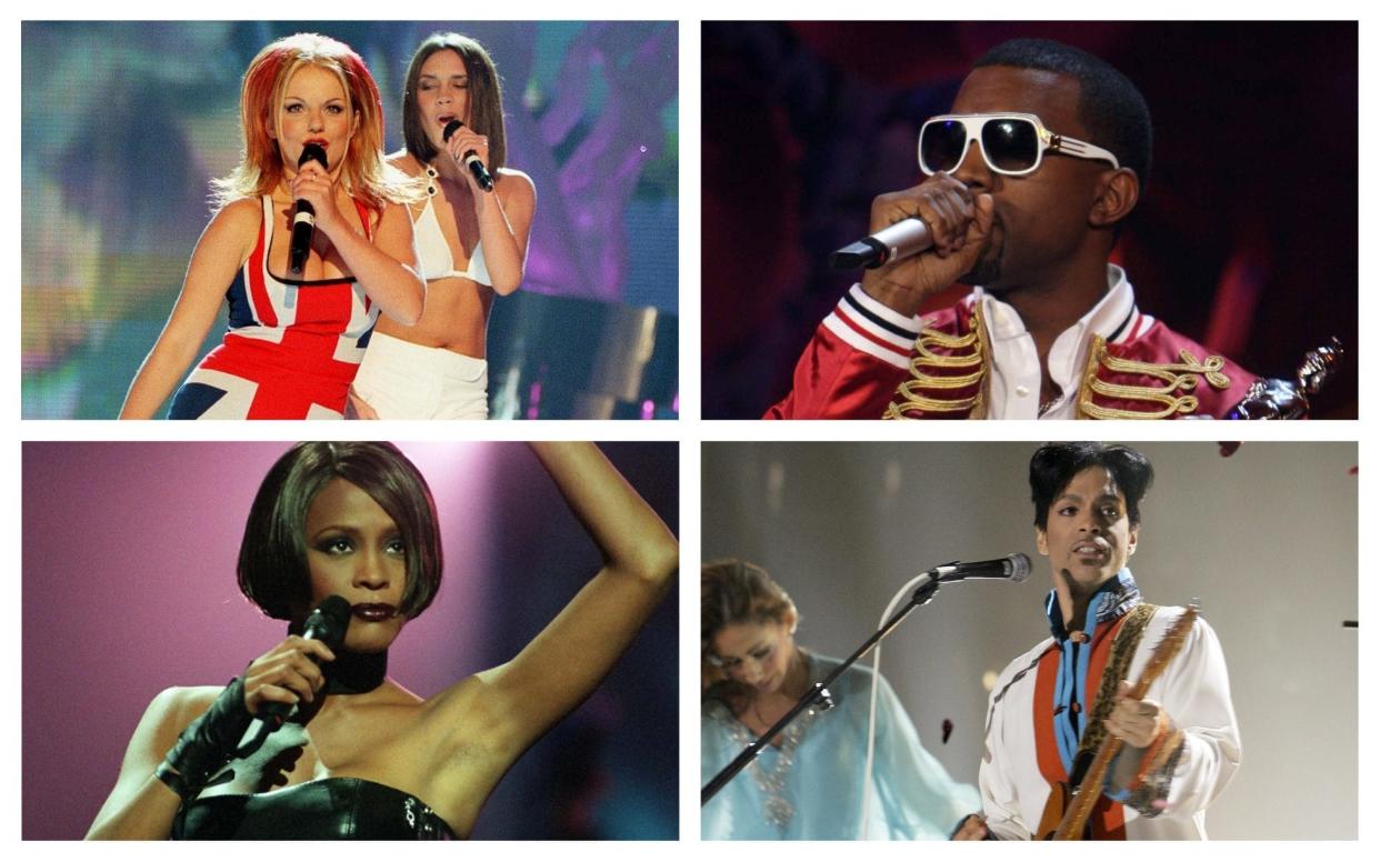 Star performers (clockwise from top left): Geri Halliwell of the Spice Girls (1997); Kanye West (2006); Prince (2006); Whitney Houston (1999) - Rex Features; Paul Grover; Dave Hogan/Getty Images; Fiona Hanson/PA