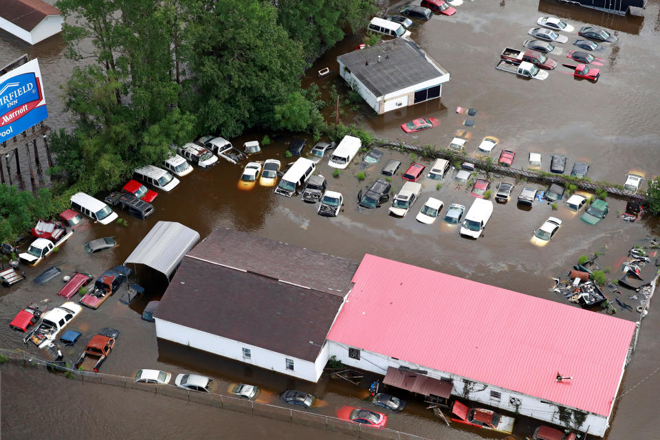 Cars sit in floodwater in Lumberton.&nbsp;