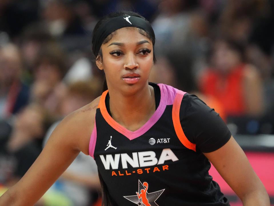 Jul 20, 2024; Phoenix, AZ, USA; Team WNBA forward Angel Reese gets in position against USA Women's National Team during the WNBA All Star Game at Footprint Center. Mandatory Credit: Joe Camporeale-USA TODAY Sports ORG XMIT: IMAGN-885052 ORIG FILE ID: 20240720_jca_aa9_067.JPG