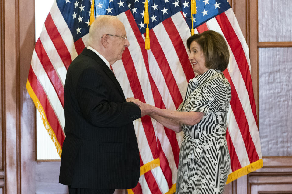 House Speaker Nancy Pelosi of Calif., greets Israeli President Reuven Rivlin, at the Capitol in Washington, Monday, June 28, 2021. (AP Photo/Manuel Balce Ceneta)