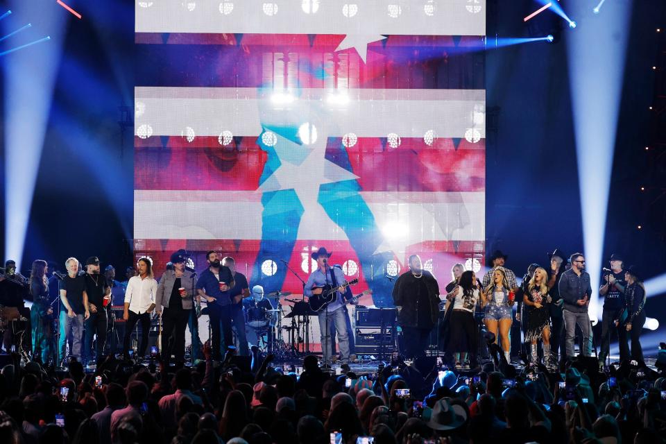 A star-studded lineup performs onstage in July for the u0022Toby Keith: An American Iconu0022 tribute at Bridgestone Arena in Nashville.