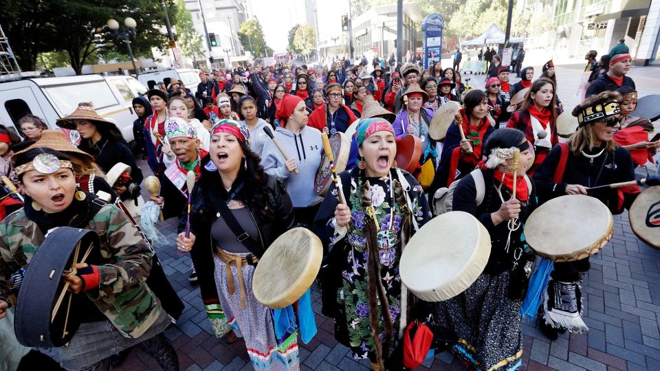 Women drummers sing as they lead a march during an Indigenous Peoples Day event, in Seattle. In 2014, the Seattle City Council voted to stop recognizing Columbus Day and instead turned the second Monday in October into a day of recognition of Native American cultures and peoples Indigenous Peoples Day, Seattle, USA - 09 Oct 2017