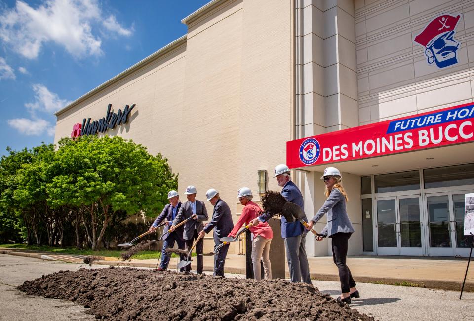 The Des Moines Buccaneers' host a May 18, 2022, groundbreaking for a new arena to be located in the former Younkers store at Merle Hay Mall.