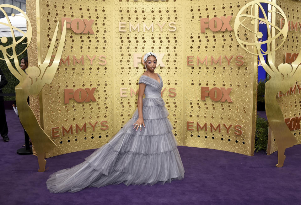 Eris Baker arrives at the 71st Primetime Emmy Awards on Sunday, Sept. 22, 2019, at the Microsoft Theater in Los Angeles. (Photo by Jordan Strauss/Invision/AP)