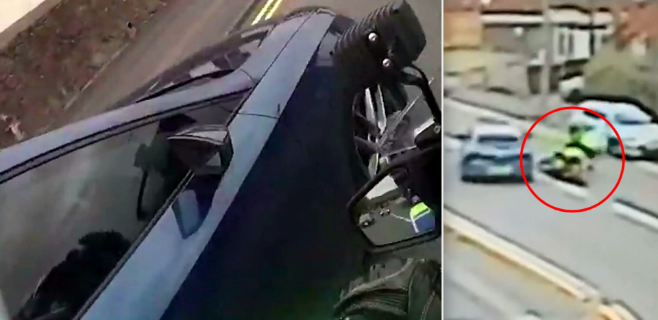 Footage shows Callum Fellows deliberately knocking PC Steve Lovering off his police motorbike. (SWNS)