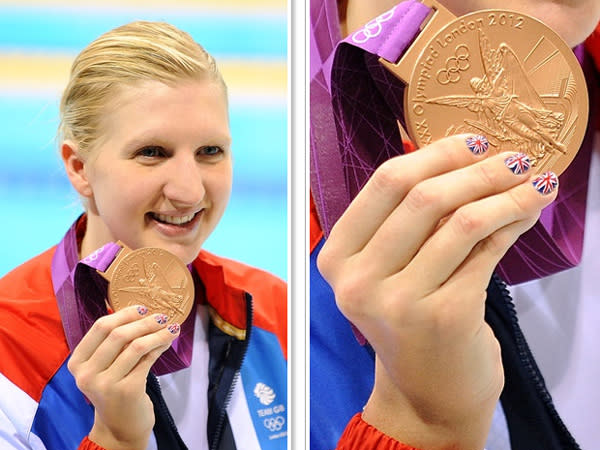 Nail art! This trend started at Vancouver 2010, when local gal Christina Culver painted Australian gold medal snowboarder Torah Bright’s nails gold—and they then appeared on an Australian postage stamp. This time around, there are stars, stripes, decals, and Union Jacks aplenty.  Rebecca Adlington; Photos by Keystone Press