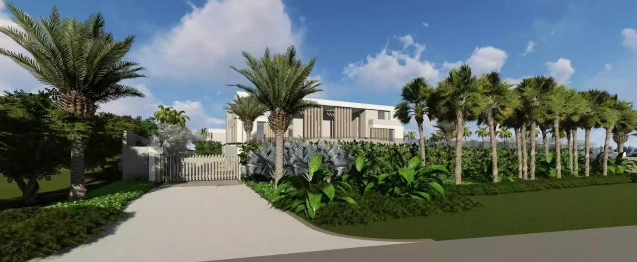 A rendering shows how an ocean-to-lake mansion under construction at 1460 S. Ocean Blvd. in Manalapan would look when completed. The house has been marketed at $87.5 million but just sold for a recorded $21.5 million to a lender who in October filed a foreclosure suit saying the borrower defaulted on mortgage payments.