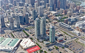 An aerial image of The Culture + Entertainment District highlights the location of the future BMO Convention Centre Hotel, which will be created in partnership by Calgary Municipal Land Corporation, the Calgary Stampede and Matthews Southwest Hospitality.