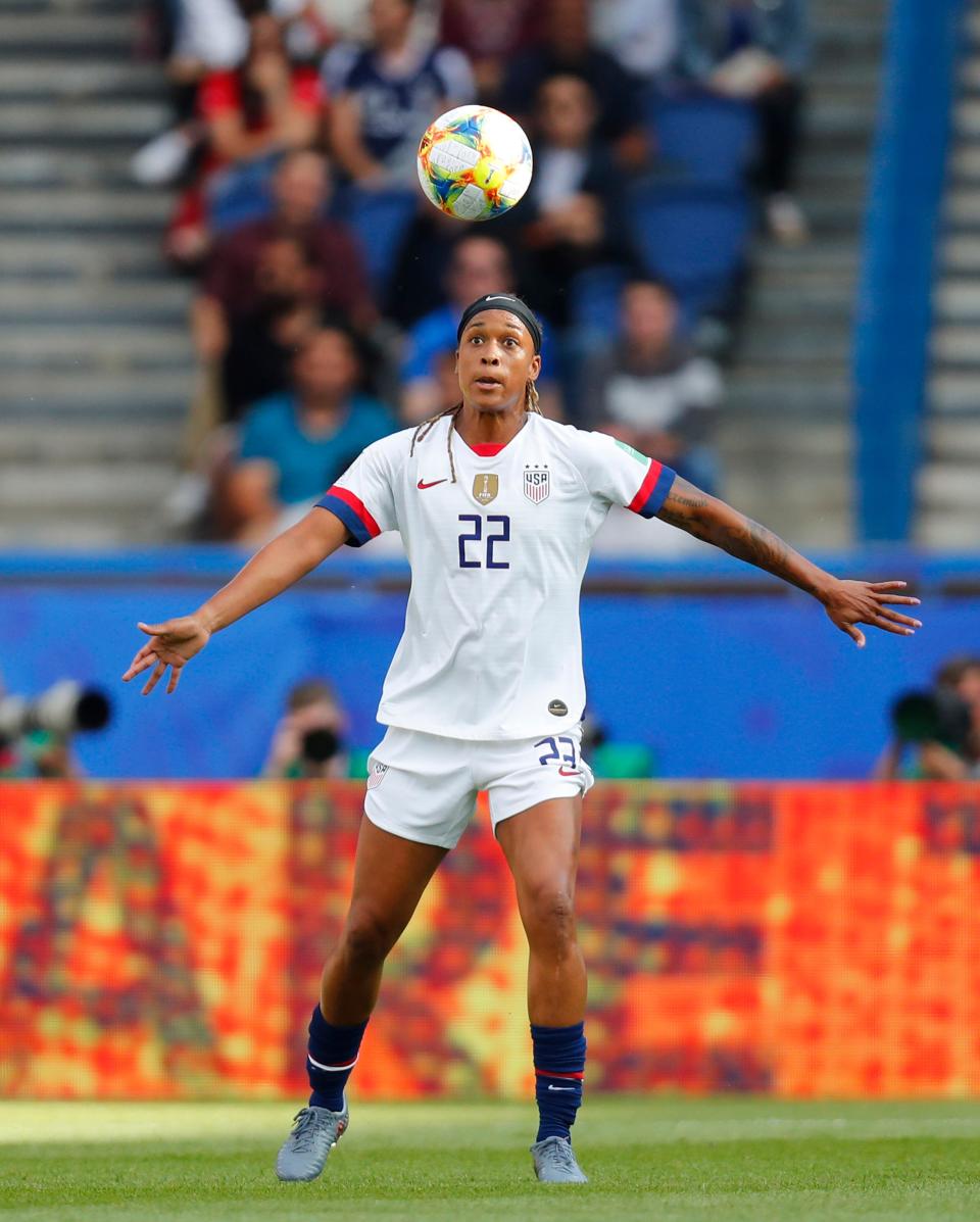 Jessica McDonald heads the ball during a Women's World Cup match against Chile on June 16, 2019.