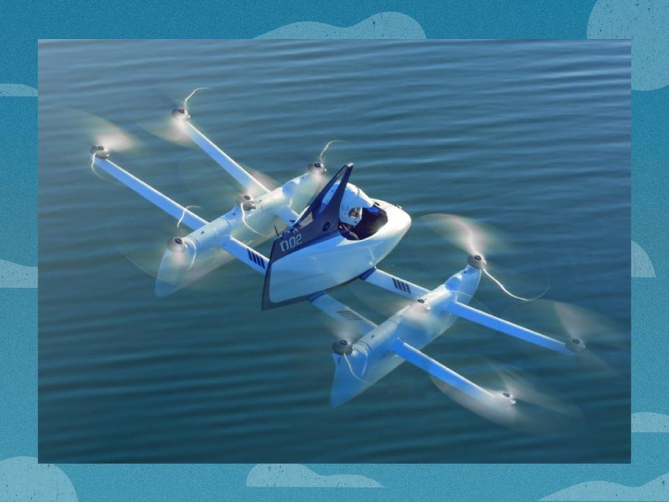 Photo of Kittyhawk Flyer over water, against a blue background