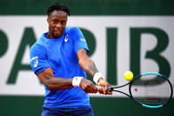 Gael Monfils of France plays a backhand during his mens singles first round match against Taro Daniel of Japan during Day three of the 2019 French Open at Roland Garros on May 28, 2019 in Paris, France. (Photo by Clive Mason/Getty Images)