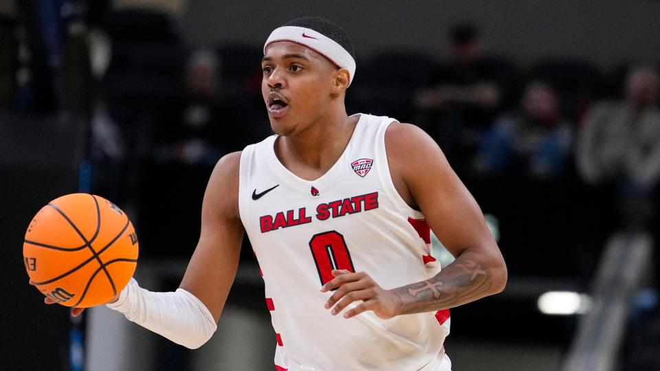 Ball State guard Jarron Coleman (0) plays against Illinois State in the second half in Indianapolis, Saturday, Dec. 17, 2022. Ball State won 83-69.