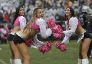 <p>Oakland Raiders cheerleaders perform during the first half of an NFL football game between the Oakland Raiders and the Kansas City Chiefs in Oakland, Calif., Sunday, Oct. 16, 2016. (AP Photo/Marcio Jose Sanchez) </p>