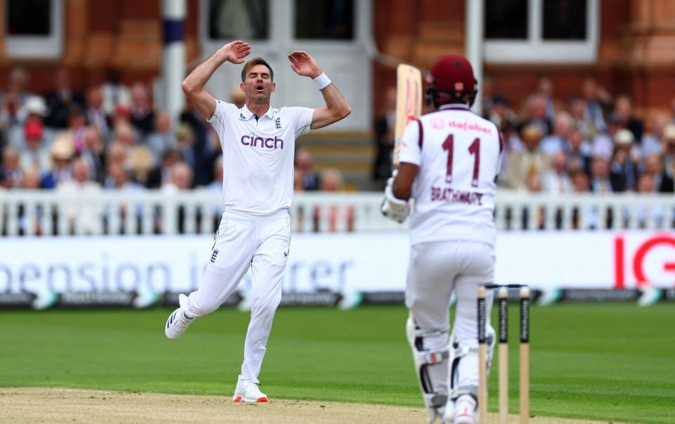 Jimmy Anderson bowls to Kraigg Brathwaite