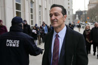 FILE - Former 21st Century Fox executive Hernan Lopez arrives at federal court in Brooklyn, Jan. 17, 2023, in New York. Lopez was convicted Thursday, March 9, 2023, of paying tens of millions of dollars in bribes to nab broadcasting rights to the World Cup and other top soccer matches. (AP Photo/John Minchillo, File)