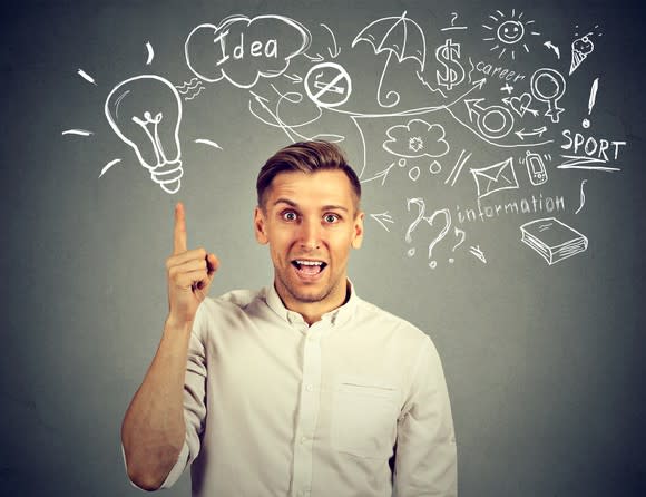 A man in a dress shirt points upward at a light bulb drawn on a blackboard.