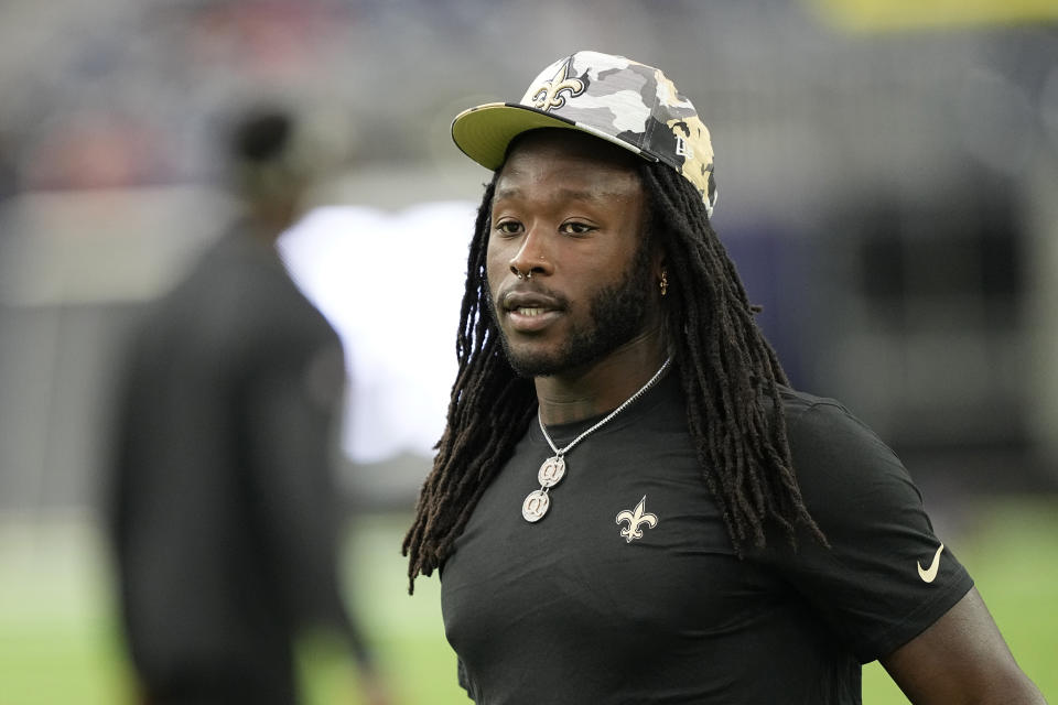 New Orleans Saints running back Alvin Kamara before an NFL preseason football game against the Houston Texans Saturday, Aug. 13, 2022, in Houston. (AP Photo/David J. Phillip)